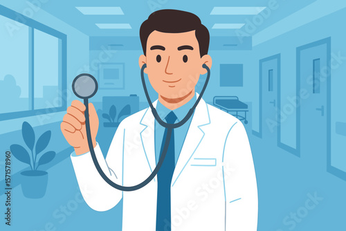 Medical doctor holding stethoscope in hospital corridor, healthcare professional, modern flat vector illustration, medical technology, clinic interior, healthcare concept