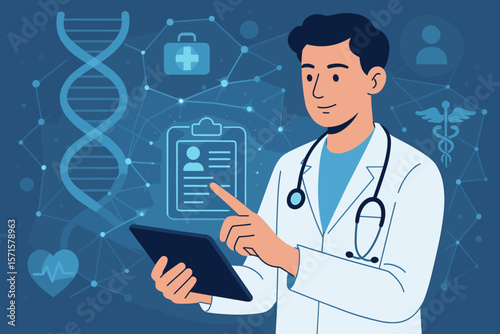 Digital healthcare technology concept. Doctor with stethoscope using tablet for electronic medical record, DNA helix, medical icons, network connection, virtual interface, telemedicine