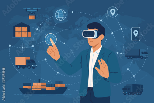 Futuristic logistics management concept with business manager using virtual reality to analyze and control smart supply chain, global distribution, shipping, and transport network