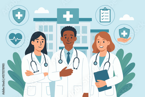 Diverse medical team of doctors with stethoscopes standing in front of hospital building, health insurance icons, healthcare concept, modern flat vector illustration