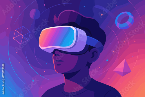 Futuristic Metaverse Technology Concept with VR Headset, Immersive Virtual Reality Simulation, Augmented Reality, 3D Visualization, Digital Innovation, Modern Colorful Background