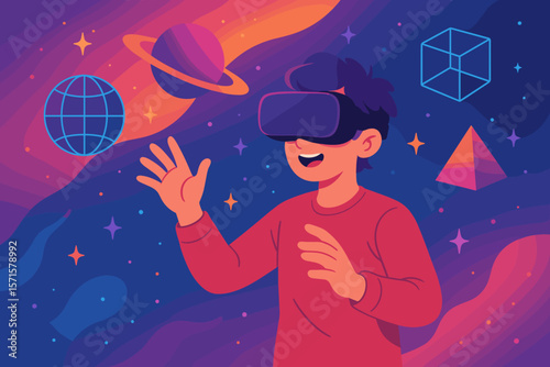 Teenager Exploring Metaverse with VR Headset, Immersive Virtual Reality Simulation, Futuristic Digital World, Augmented Reality Technology, Colorful Space Visualization