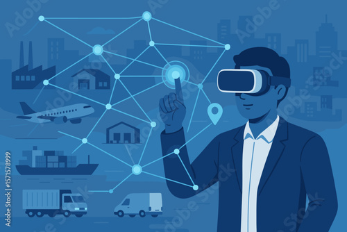 Metaverse technology manager using VR virtual reality headset to analyze and control logistics network, smart transportation, supply chain, distribution, shipping, and industry