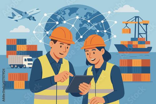 Logistics teamwork with workers using tablet for smart transportation, global supply chain management, import export, cargo shipping, container distribution, freight network