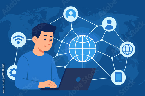 Global digital communication network concept. Man using laptop with internet, social media, wireless technology icons, world map, online connectivity, flat vector illustration