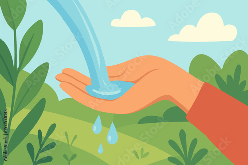 Woman's hand holding clean fresh water, pouring in nature environment. Global water conservation, ecological awareness, purity, and life concept. Flat vector.