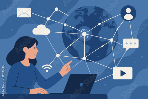 Global digital network communication technology concept. Woman using laptop for online connection, cloud computing, internet data sharing, social media, wireless connectivity, worldwide web