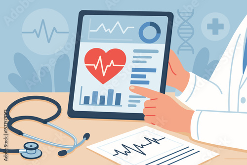Doctor cardiologist using digital tablet for heart disease diagnosis, healthcare data analysis, medical report, stethoscope, heartbeat monitoring, modern technology concept