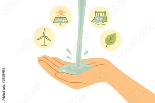 Renewable energy and sustainability concept. Water pouring into hand, solar power, wind turbine, hydropower, green leaf icons. Eco-friendly resources, clean energy, Earth Day