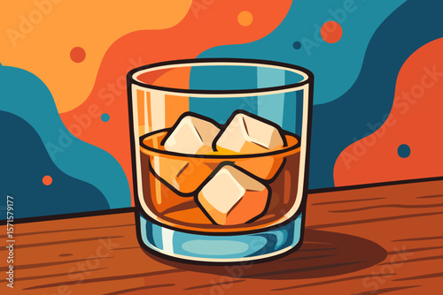 Whiskey bourbon glass with ice cubes on wooden table, colorful abstract background, modern flat vector cartoon illustration, vibrant bar drink concept, no text