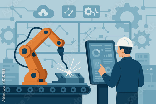 Industrial robot arm welding metal on smart factory production line. Automation, digital manufacturing, engineer controls touchscreen. Industry 4.0, technology, innovation