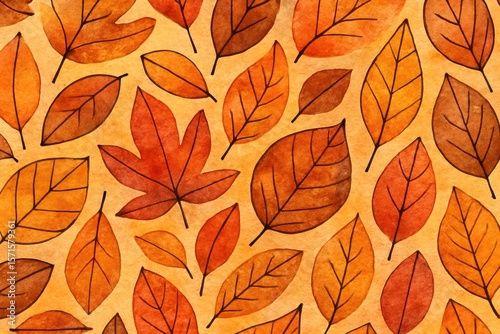 Autumn leaves watercolor pattern warm orange and brown tones fall