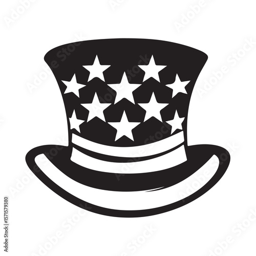 American flag magic top hat silhouette, Flat and Minimal hat icon vector illustration on white background, Black Uncle Sam Hat Silhouette Illustration