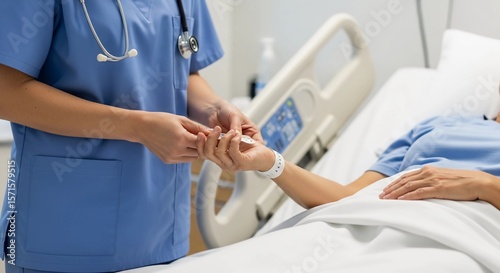 Nurse checking patient wristband before administering medication, focus on verification

