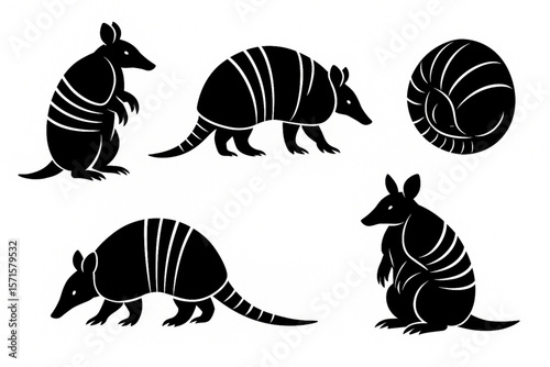 Armored Nomad: Minimalist Armadillo Silhouette Collection with Five Dynamic Poses on White Background