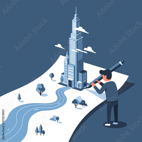 Urban planner sketching futuristic city landscape