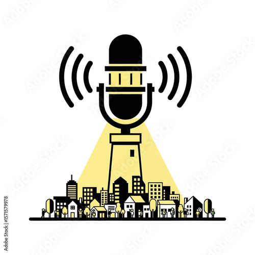 Community podcast tower broadcasting over cityscape