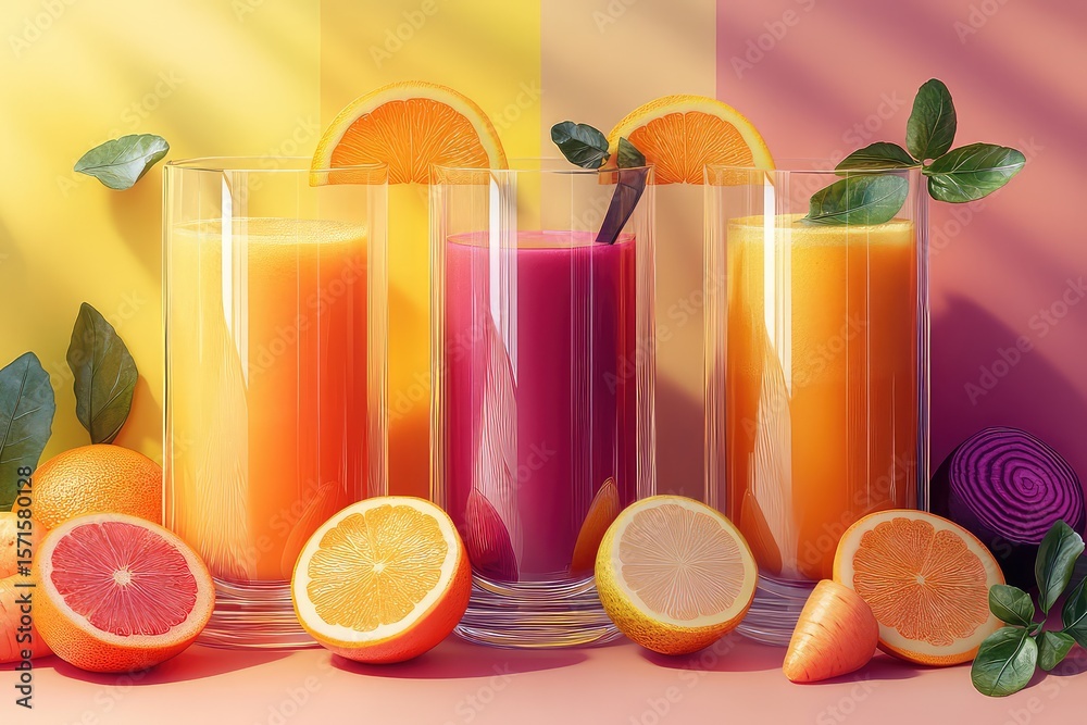 Fototapeta premium A vibrant collage of fresh fruit juices, featuring oranges, carrots, and beets, in clear glasses