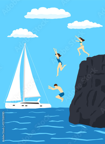 Minimalistic vector illustration of people jumping into the water from a cliff near a sailing boat on a summer day. In the background is a blue sky with clouds, the sea and a white yacht catamaran