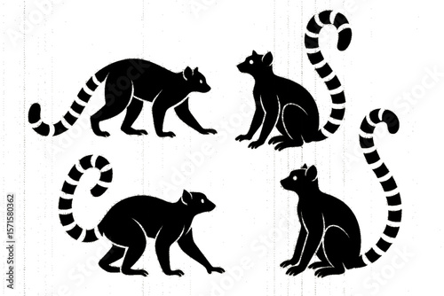 Ring-Tailed Lemur Silhouette Vector Set – Minimalist Lemur Illustrations on White Background