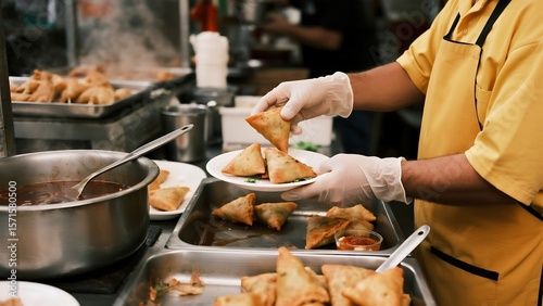 Samosas being prepared, a delicious Indian snack ready to eat with chef serving savory treats