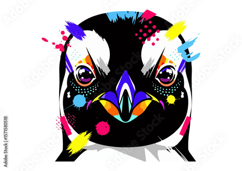 Colorful penguin illustration in pop art style with vibrant splashes