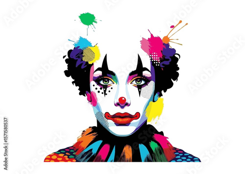 Colorful clown portrait in pop art style with vibrant splashes