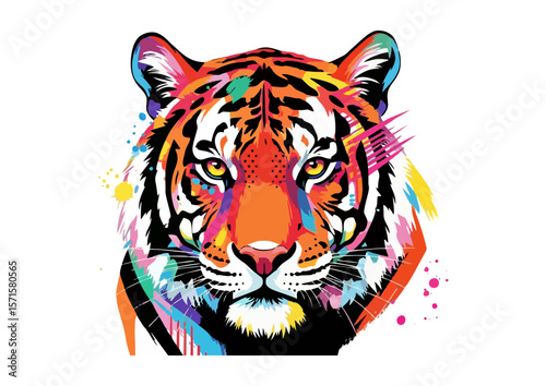 Colorful tiger portrait in pop art style with vibrant splashes