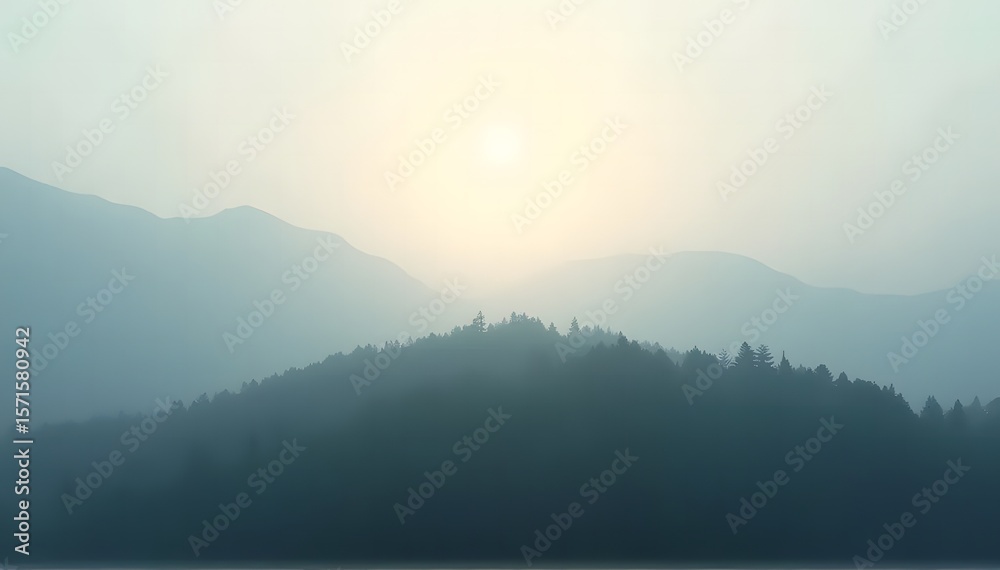 Fototapeta premium Sun breaking through foggy mountains