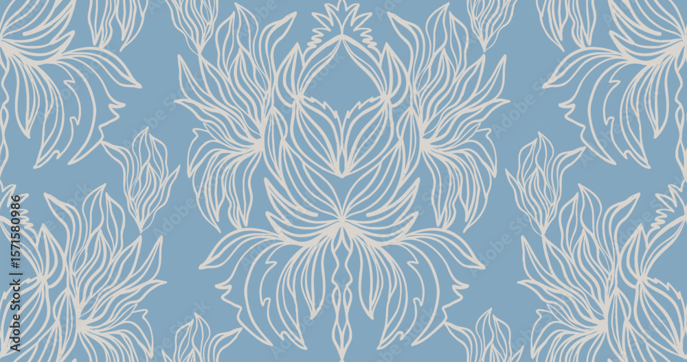 Fototapeta premium Damask hand drawn blue vector seamless pattern