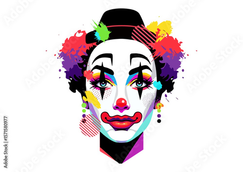 Colorful clown portrait in pop art style with vibrant splashes