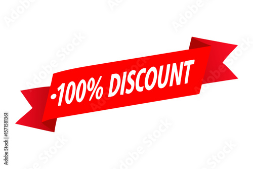 Red Vector corner Ribbon on white background. Discount 100%