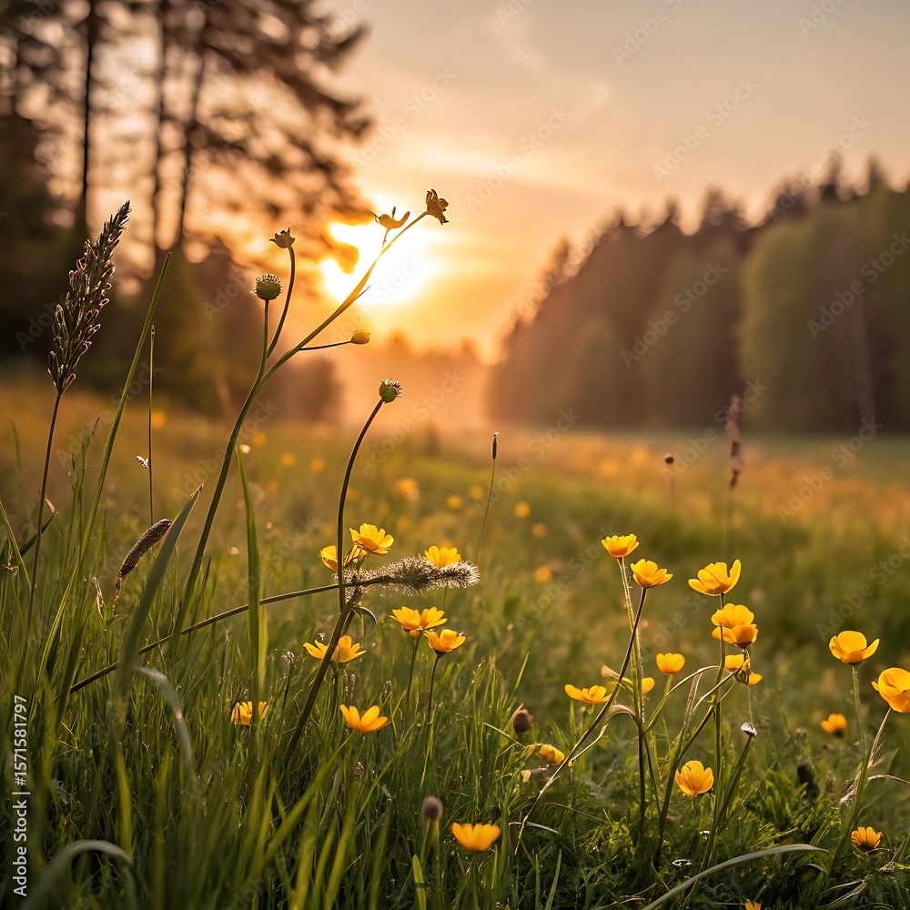 Fototapeta premium sunset field landscape with soft yellow tones