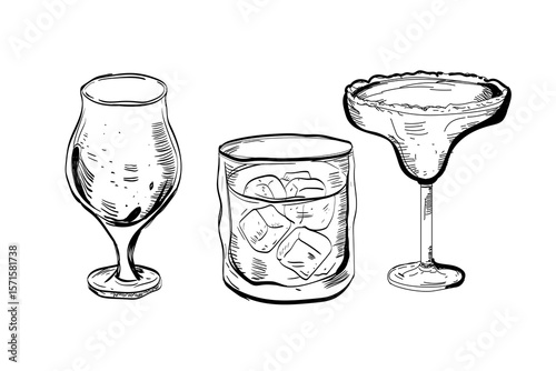 set Glass hand drawn set of cocktails and alcohol drinks. Sketch.