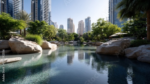 Serene urban oasis with reflecting pool and lush greenery.