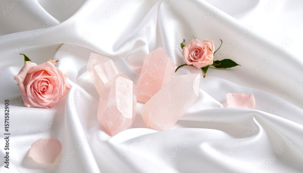 Fototapeta premium Pink crystals and roses on satin
