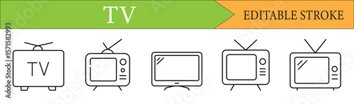 TV Television Line Icon Set with Editable Stroke