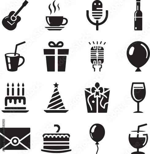 Collection of party and celebration icons including guitar balloon drink gift and cake silhouette isolated on transparent background