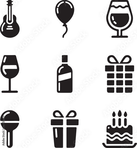 Collection of party and celebration icons including guitar balloon drink gift and cake silhouette isolated on transparent background