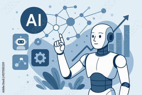 Artificial intelligence concept with humanoid robot touching a neural network. AI analyzing big data for business growth. Machine learning, deep learning, chatbot technology vector.