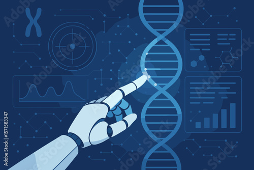 AI analyzing human genetics. Futuristic robot hand touching DNA strand on a virtual screen. Biotechnology, gene research, and medical technology diagnostics innovation concept.