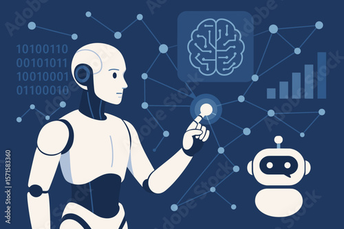 Artificial intelligence concept with humanoid robot and chatbot. Machine learning, deep learning algorithm for big data analysis, business growth. Digital brain on network.
