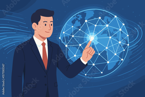 AI, Machine learning concept. Businessman touching a global data network. Internet, digital technology, fast communication, information exchange. Future of global business.