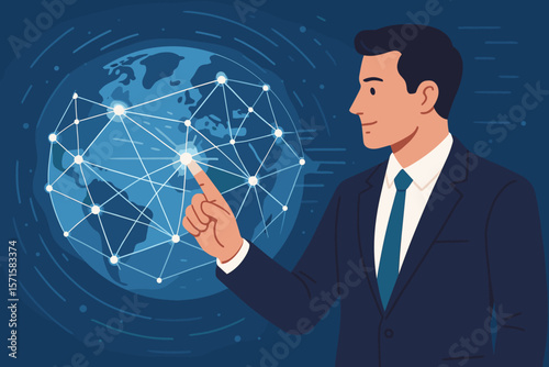 Businessman touching a global network. AI, machine learning, internet technology concept. Man interacting with futuristic data structure, digital communication, and information.