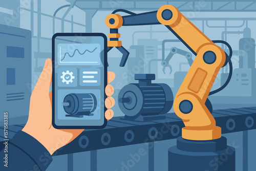Augmented reality in a smart factory. Industry 4.0 concept. Engineer hand holds phone with app for controlling an industrial robotic arm and motor on a conveyor belt.