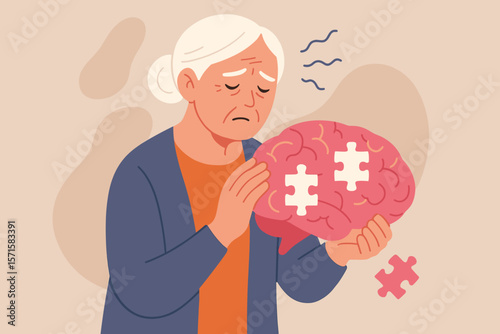 Alzheimer's disease concept. Sad elderly woman holds brain with missing puzzle pieces. Metaphor for memory loss, dementia, senility, neurological disorder. Mental health care.