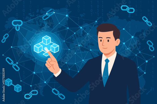 Blockchain technology concept. Businessman touches a digital network icon of encrypted blocks. Global business data security, fintech, and cryptocurrency innovation vector.