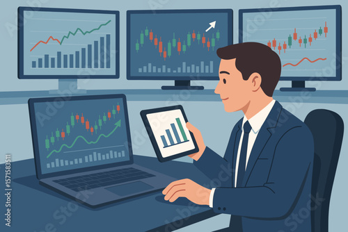 Financial analyst or businessman trading online. Broker monitors stock market exchange on multiple computer screens. Investment, crypto and forex concept with candlestick charts.