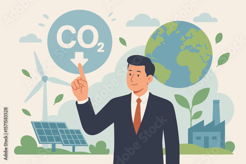 Businessman reducing CO2 emissions. Carbon dioxide footprint concept. Limiting global warming and climate change. Sustainable business with renewable energy. Green industry. ESG.