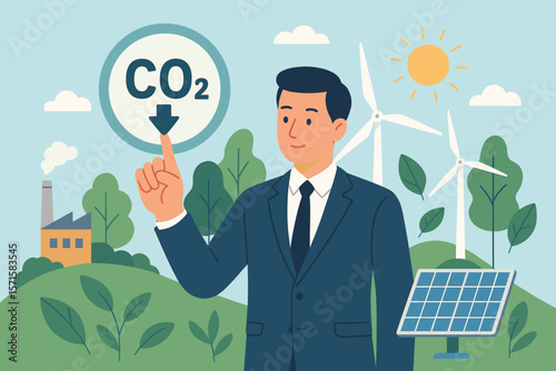 Businessman reduces CO2 emissions to combat climate change. Corporate responsibility, ESG, and sustainability concept with renewable energy, wind turbines, solar panel, green factory.